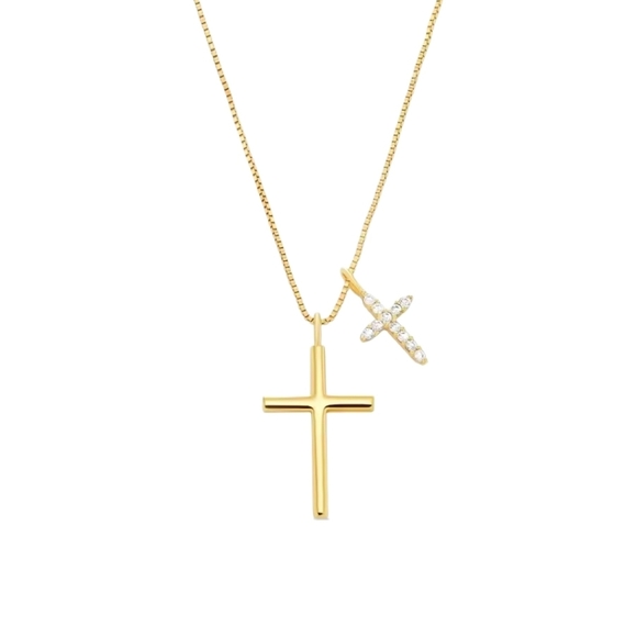 14k Gold Cross Pendant Necklace with Zirconia Accents - Picture 3 of 7